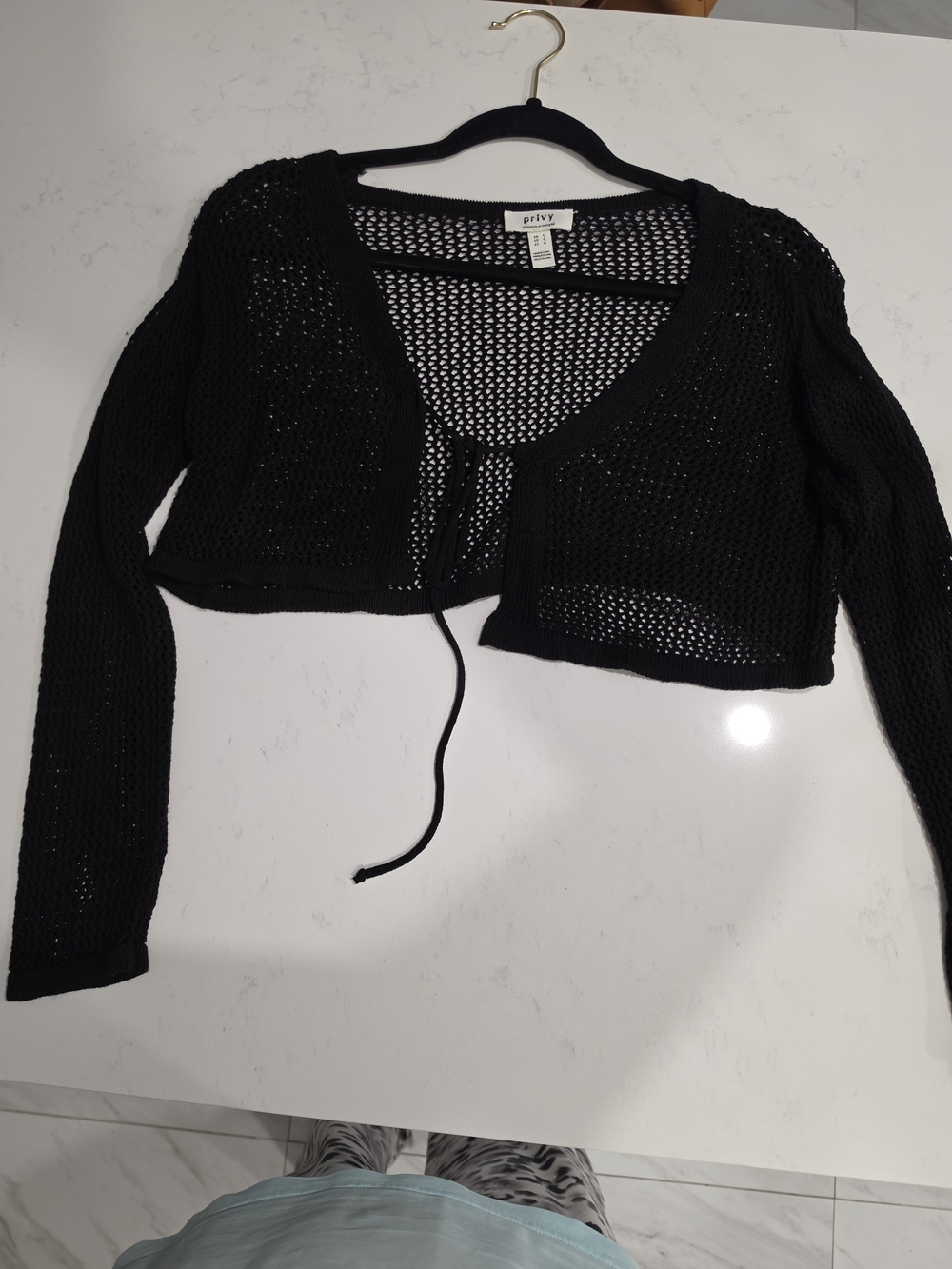 privy Black Mesh Knit Crop Top with Tie Detail